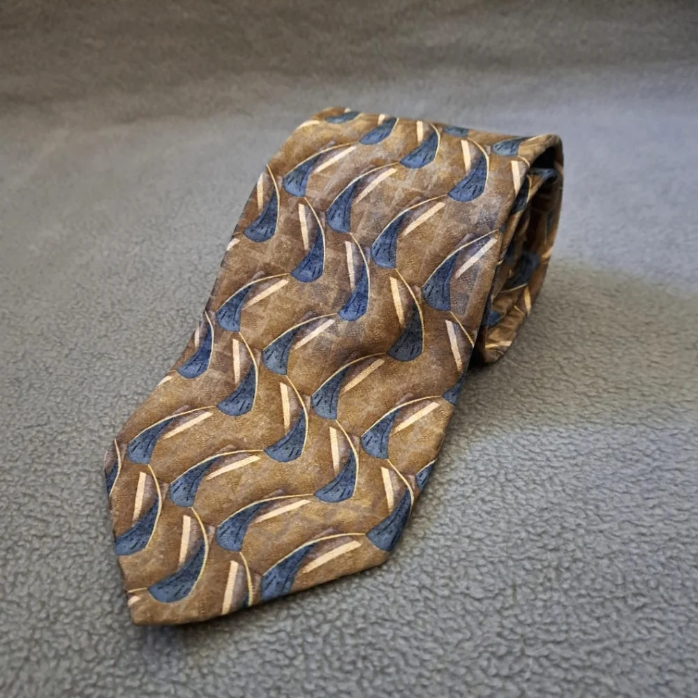 Oscar De La Renta Silk necktie‎ iridescent geometric pattern men's tan navy EUC